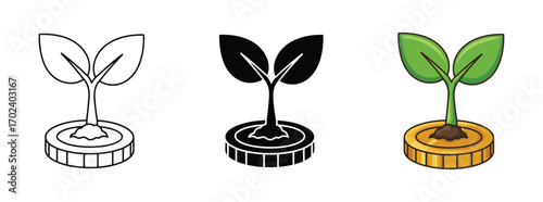 Vector art of a young plant sprouts from a gold coin, symbolizing financial growth and investment