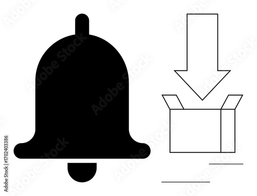 Black bell next to a downward arrow pointing into an open box. Ideal for notification, delivery, inbox, alert, completion, organization, and messaging. Clean simple flat metaphor