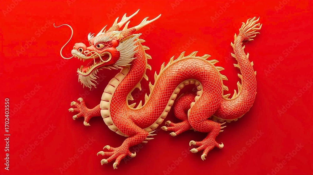 Obraz premium Majestic Dragon Emblem: A vibrant red dragon, a symbol of power and good fortune, exquisitely displayed against a rich red backdrop, bringing the rich heritage to life.