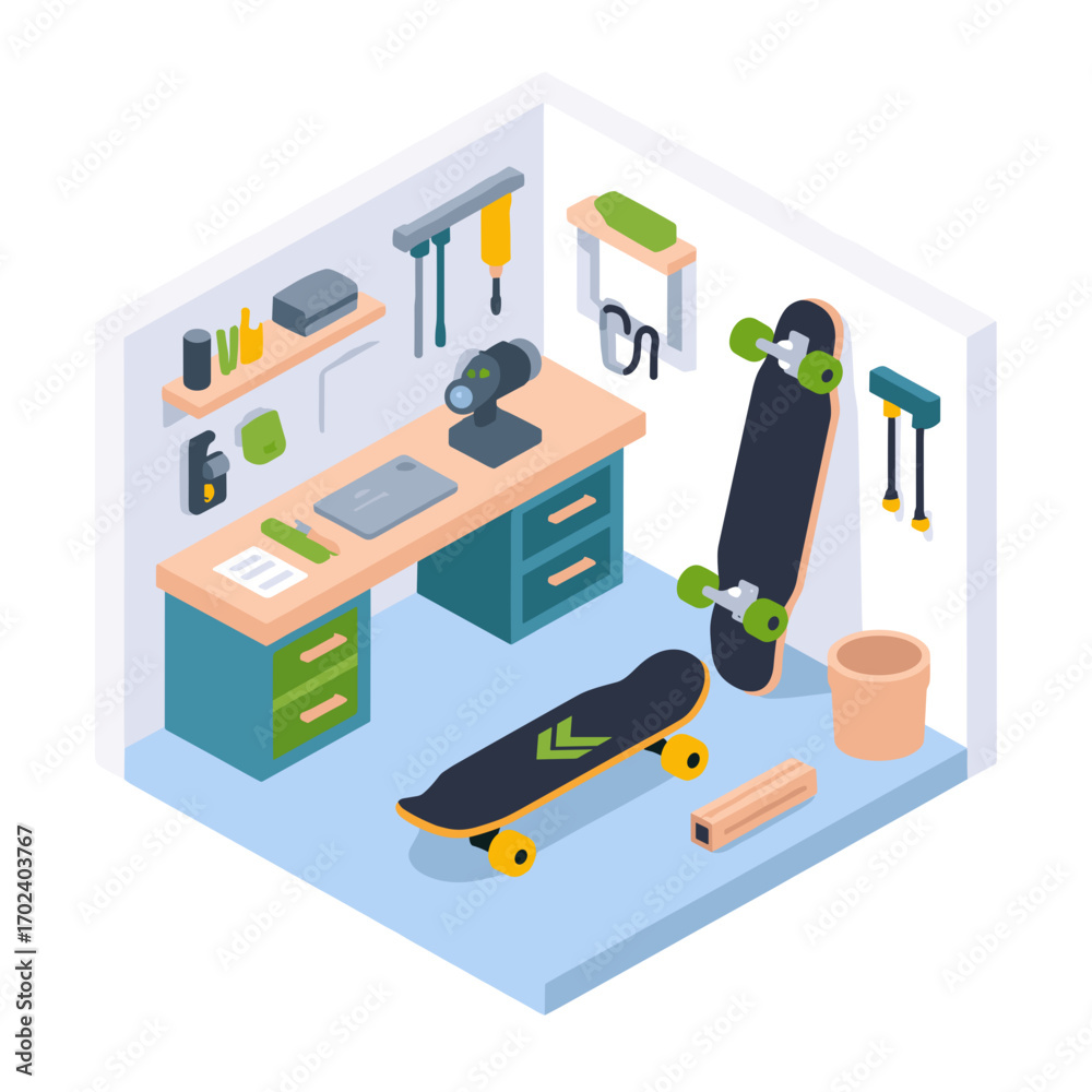Obraz premium Isometric View of a Skateboard Workshop with Tools and Skateboards, a Creative Hobby Space Illustration
