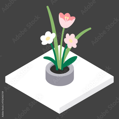 Isometric Illustration of Flowers in a Pot on a White Surface, Featuring Pink and White Blossoms
