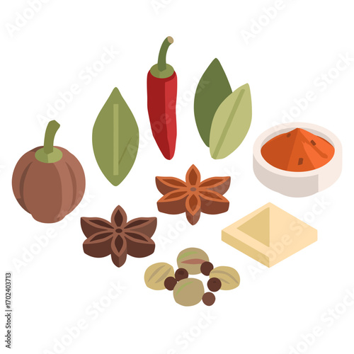 Isometric Vector Illustration of Various Spices and Herbs for Cooking, Including Star Anise, Chili Pepper, and Cardamom