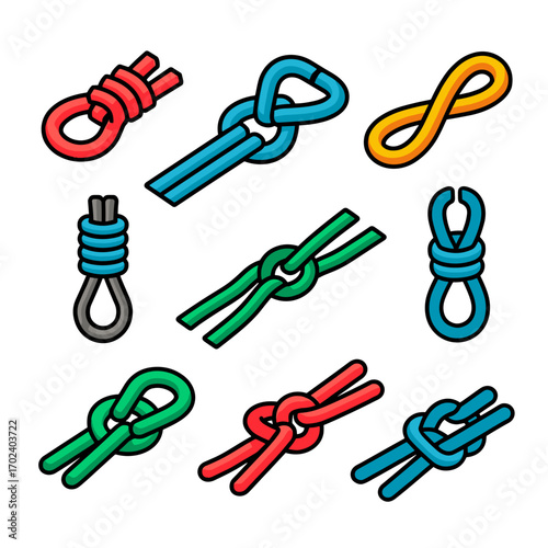 Collection of Colorful Rope Knots Illustration, Demonstrating Different Knot Tying Techniques and Knot Types