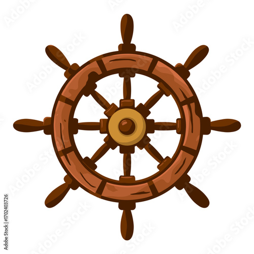 Wooden Ship Steering Wheel Illustration with Eight Spokes, Nautical Theme, Cartoon Style