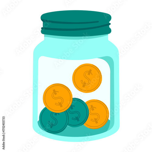 Money Jar Filled with Gold and Green Coins, Savings and Investment Illustration