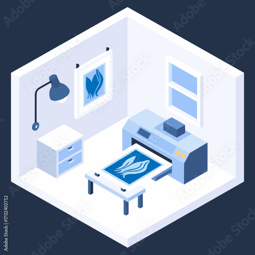Isometric Printing Room with Printer, Desk, and Artwork featuring a Leaf Design, Modern Vector Illustration