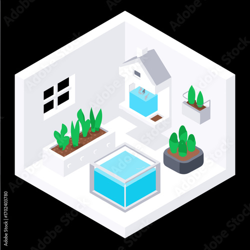 Isometric Room Interior with Aquarium and Plants, Clean Modern Design Illustration
