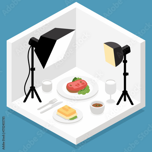 Isometric Food Photography Studio Setup with Lights, Dishes, and Utensils Illustration