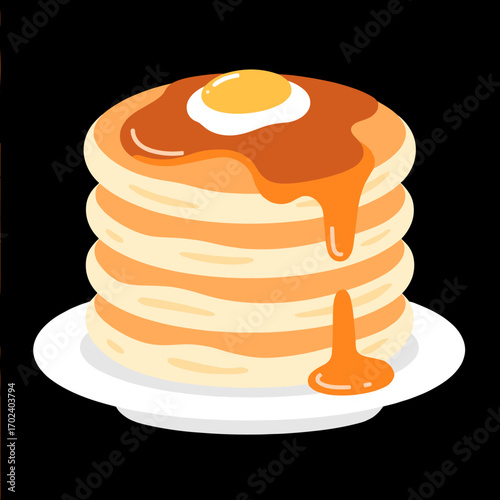 Stack of Fluffy Pancakes with Syrup and Egg Topping, Delicious Breakfast Illustration