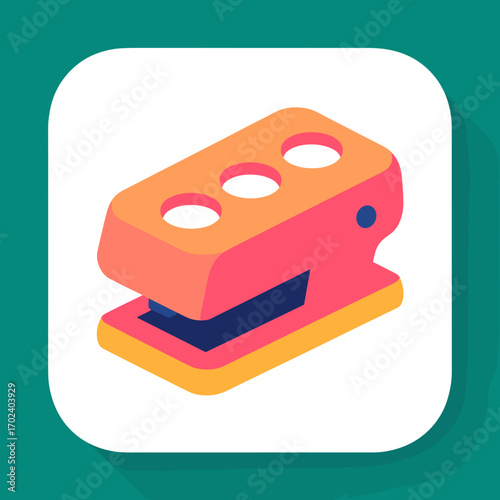 Isometric Illustration of a Pink and Orange Three-Hole Paper Punch on a White Square