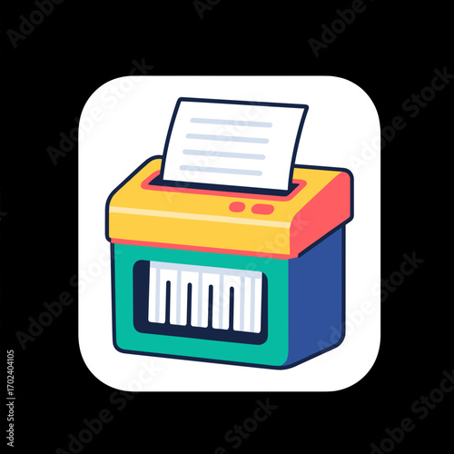 Colorful Cartoon Illustration of a Paper Shredder Processing Documents for Data Security
