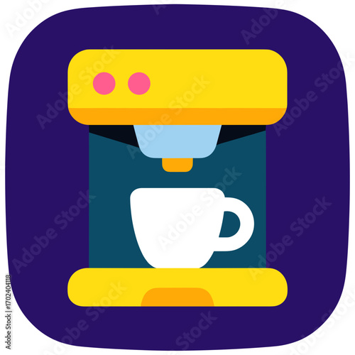 Yellow Coffee Maker Icon with White Mug in Flat Design Style on Dark Blue Background