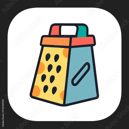 Colorful Cartoon Illustration of a Box Grater with Different Sized Holes for Food Preparation