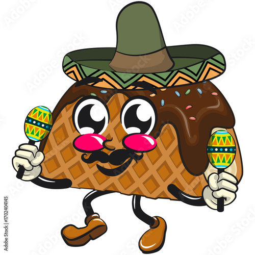 cute choco taco ice cream mascot character vector illustration mustache and wears a sombrero and plays with maracas, work of hand drawn