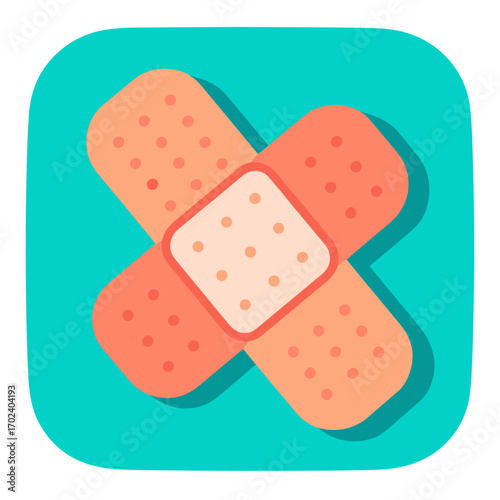 Illustration of Two Bandages Crossed Over Each Other on a Teal Background, First Aid Concept