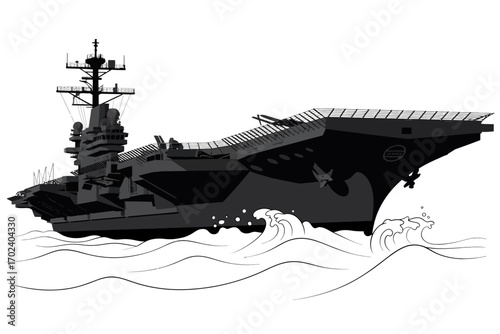 Monochromatic Illustration of a Large Aircraft Carrier Sailing Through Wavy Seas, Maritime Power Displayed