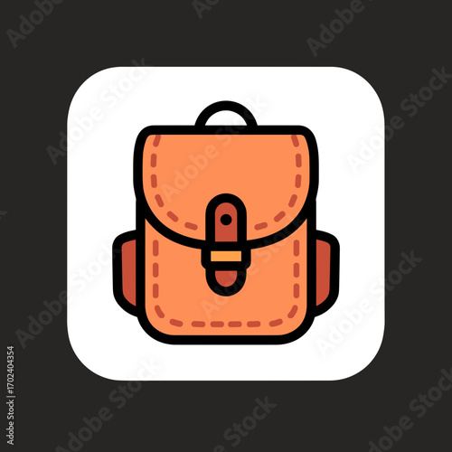 Orange Backpack Icon with Black Outline and Rounded Square Background Illustration