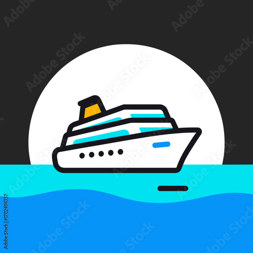 Cartoon Cruise Ship Sailing on Blue Water at Night with Full Moon Illustration