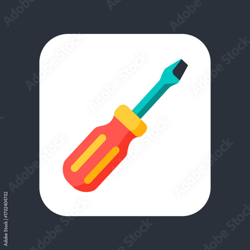 Vector Illustration of a Screwdriver with a Red Handle and Yellow Accents on a Rounded Square Background