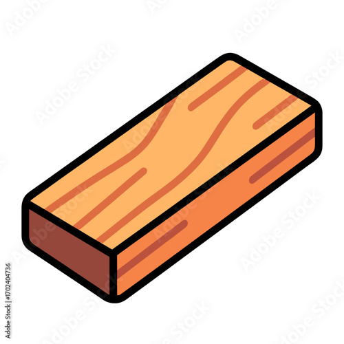 Isometric Wooden Plank Illustration with Wood Grain Texture and Black Outline on White Background
