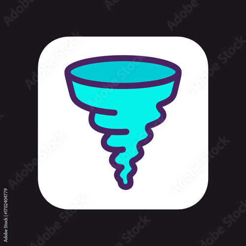 Stylized Tornado Icon Illustration with Blue Swirls and Purple Outline on White Square