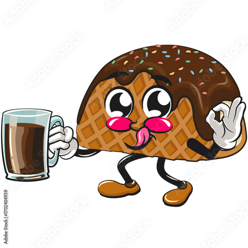 cute choco taco ice cream mascot character vector illustration carrying a large glass of chocolate, work of hand drawn