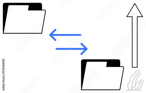Two folders connected with blue arrows indicating file transfer, upward arrow showing progress, and minimal decorative element. Ideal for data sharing, synchronization, cloud storage, backup