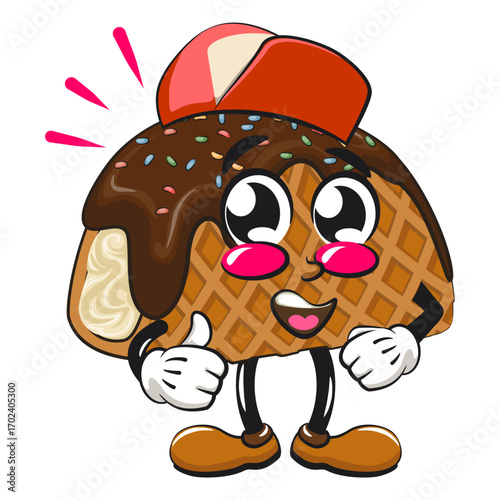cute choco taco ice cream mascot character vector illustration big smile wearing a baseball cap while giving a thumbs up, work of hand drawn