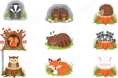 Cute woodland animals in natural forest scenes, cartoon wildlife characters, nature habitat illustrations for children’s books, education, and seasonal design