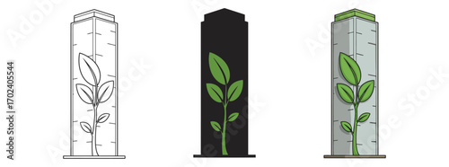 Vector art of three stylized representations of a plant growing inside a rectangular prism