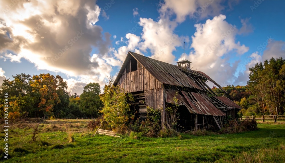 Obraz premium Abandoned Barn Surrounded by Nature under Dramatic Cloudy Sky