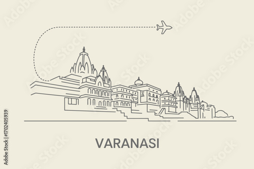 Varanasi Skyline A Journey to India's Ancient City with an Airplane Travel Illustration
