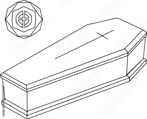 Line Art Illustration of a Coffin with a Cross and a Decorative Spiritual Emblem