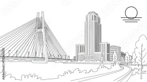 Striking Line Art Illustration of a Modern Cityscape Featuring a Suspension Bridge and Tall Buildings