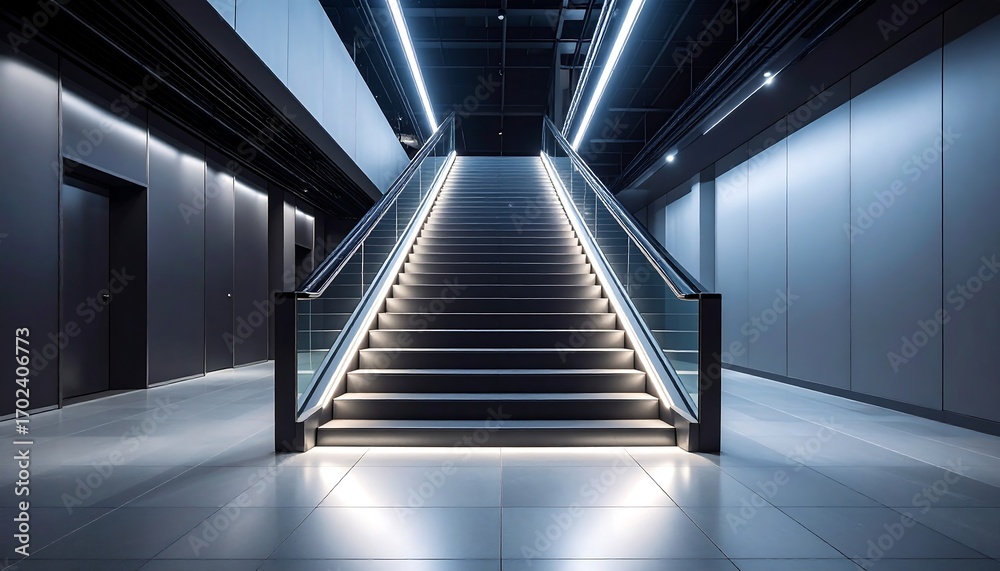 Fototapeta premium Modern, illuminated staircase in a minimalist hallway