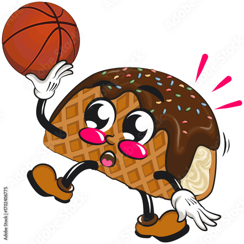 cute choco taco ice cream mascot character vector illustration playing basketball, work of hand drawn