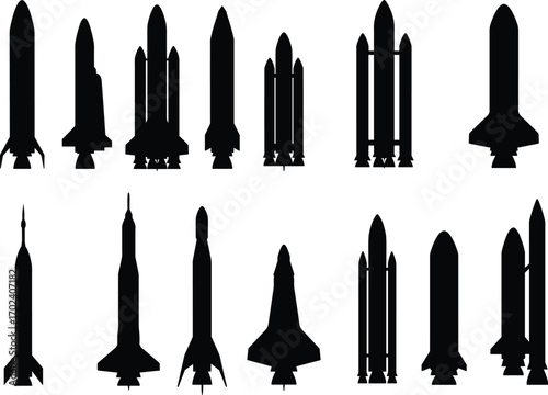 Rocket silhouettes collection, space shuttle vector set, rocket ship icons, spacecraft designs, futuristic space exploration, astronaut launch symbols.