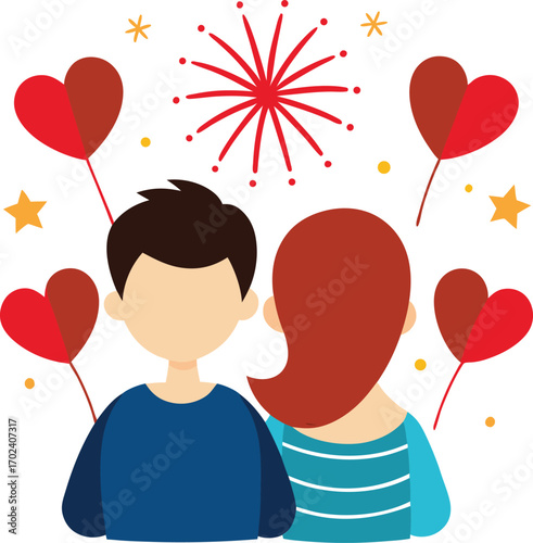 Charming cartoon couple enjoying a vibrant fireworks display celebration
