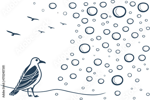Vector art of seagull perched on a line, with birds flying and bubbles floating, creating a whimsical and airy atmosphere, perfect for a lighthearted design