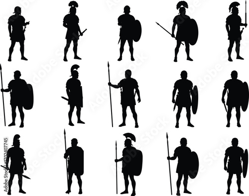 Ancient warrior silhouette set, Roman soldier illustrations, medieval fighters with spears and shields, historical battle poses, vector warrior designs.