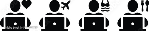 Diverse Online Activities Icons Set Featuring Dating Travel Shopping and Dining Representing Various Digital Engagements and Interests in Modern Life