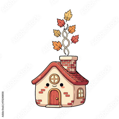 Adorable house with autumn leaves coming out the chimney