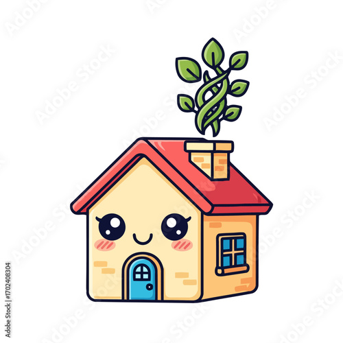Cute kawaii house with beanstalk coming out chimney