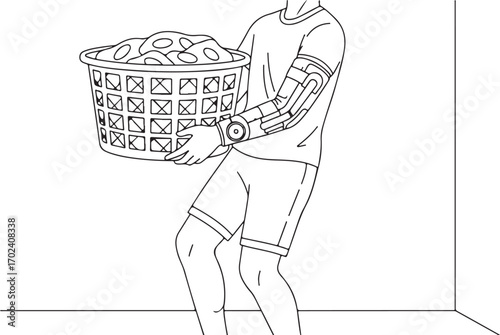 Person with Robotic Arm Carrying Laundry Basket