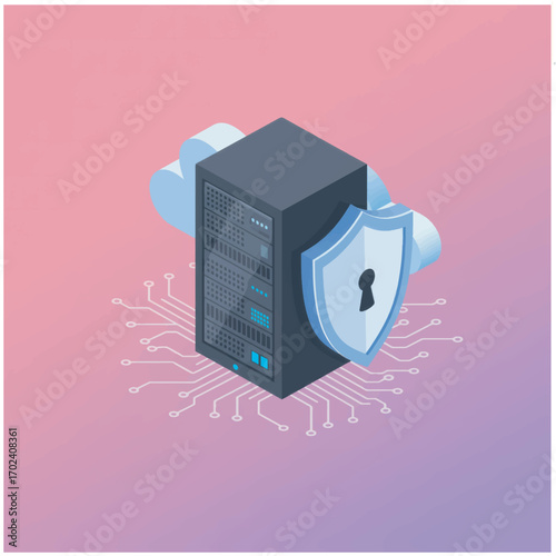 Isometric illustration representing cloud server security, network data protection, and secure hosting technology with a shield