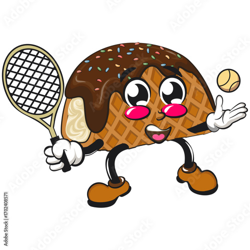 cute choco taco ice cream mascot character vector illustration playing tennis, work of hand drawn