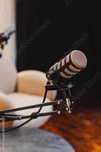 Engaging podcast interview setup featuring a microphone ready for recording in a cozy space