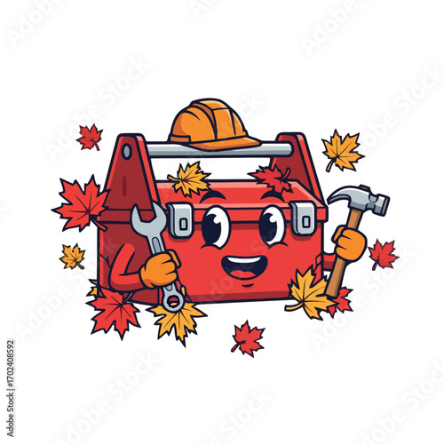 Cartoon toolbox character with fall leaves