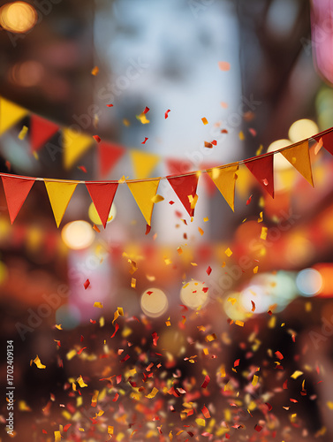 Vibrant celebration with colorful pennant flags and falling confetti