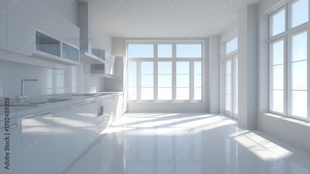 Fototapeta premium Minimalist Modern Kitchen with Clean Countertops – Empty Interior Background for Design and Web